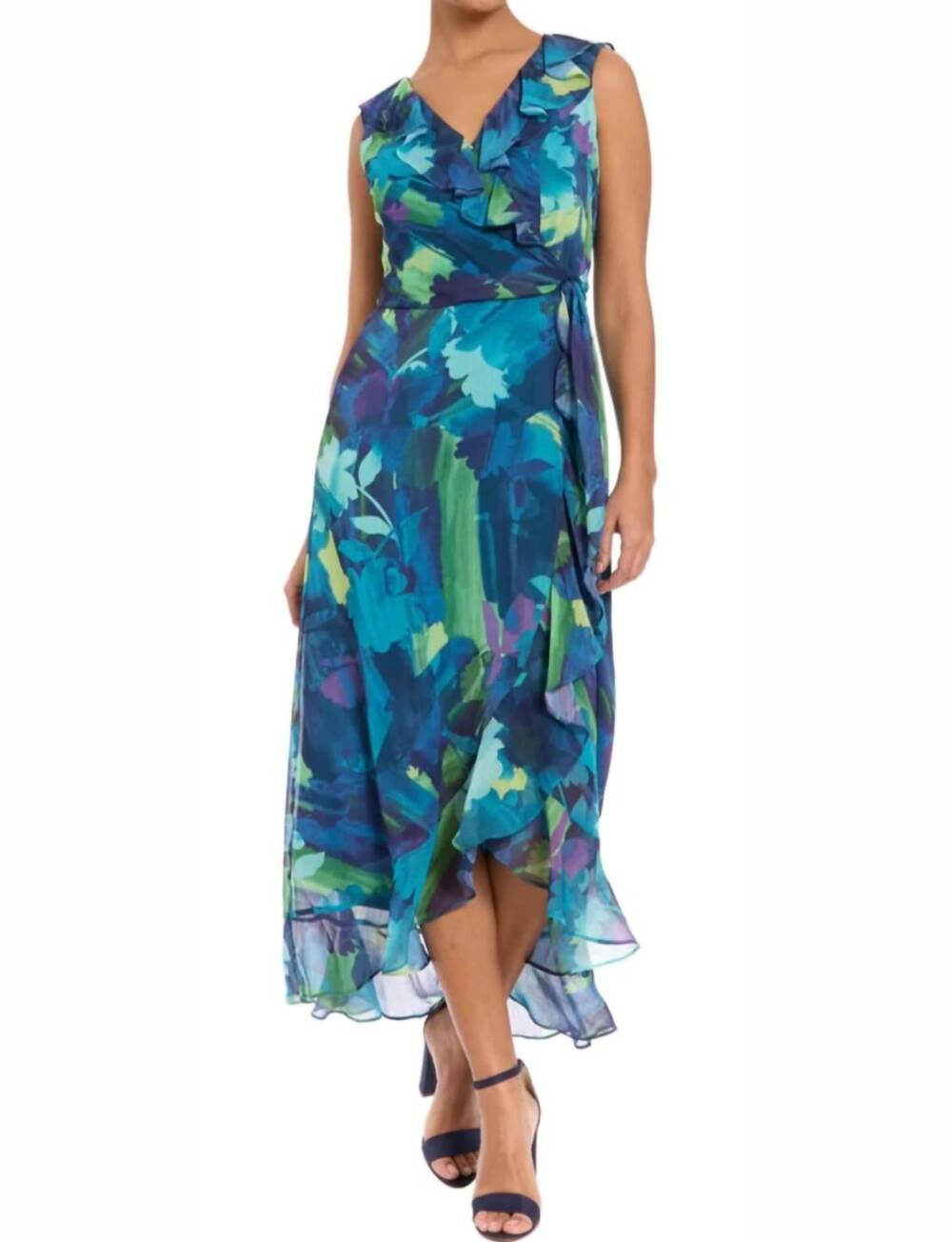 NEW LONDON TIMES flower print faux wrap midi dress in blue teal